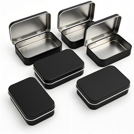 41E8ExAmaL._AC_-27.jpg Forever bene 6 Pcs Small Metal Box With Lid -Black Hinged Cookie Jar,Used For Storage, Jewelry,Candy,Tea,Spices,Crafts,Pills,Mini Portable Storage Box,Card Game Storage Box,Black Tin 3.7x2.4x0.9 Inch