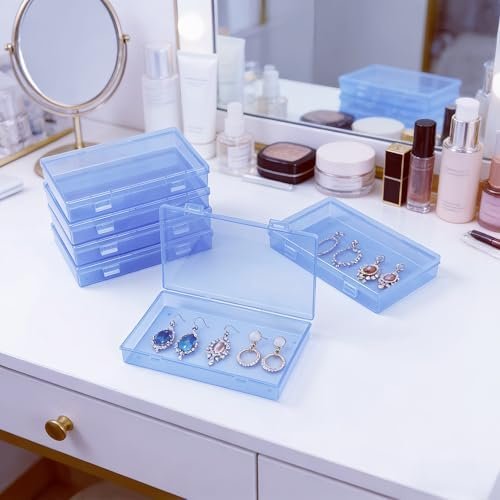 Forever bene 4-Pack Blue Plastic Storage Boxes with Lids, Medium Organizer Containers for Small Parts, Crafts, Office Supplies,Nail Tool Box, Makeup Brush Holder Plastic Case(180x110x30mm)