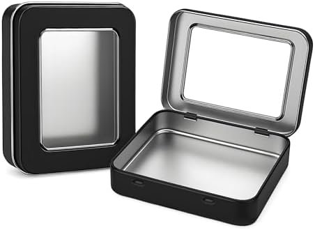 Forever bene Tin Box-12 Pcs Small Metal Storage Containers w/Clear Lid for Beads,Jewelry,Crafts,Mint Candy,Small Items,gift card tins,DIY,+Adhesive Label,Metal Tins with Lids (Black 12 Pcs)