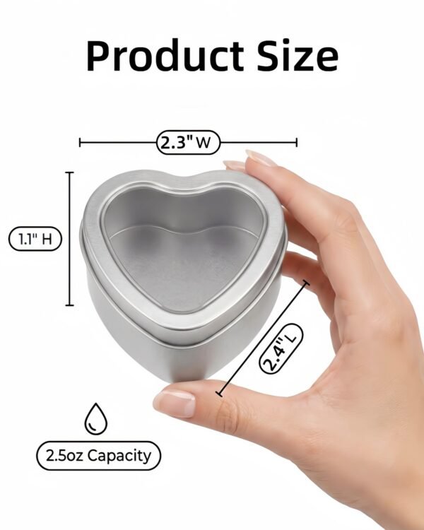 Forever Bene 16 Pack Heart Shaped Tins with Clear Window Lids, 2.5 oz Empty Candle Tins 2.3x2.4x1.1 Inches, Small Metal Containers for Crafts - Silver
