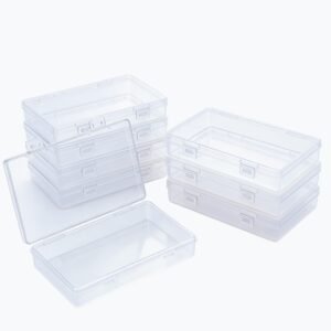 Forever Bene 8-Pack Clear Plastic Storage Box, 6.5" x 3.7" x 1.2" Small Organizer Box with Hinged Lid & Latch, Plastic Index Card Holder 3x5, Travel Cable Case, Bead Craft Organizer for Drawers