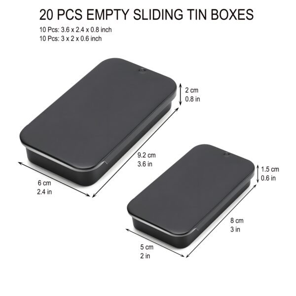 Forever bene 20 Pack Slide Top Metal Tins, Matte Black Rectangular Empty Containers with Lids,Small Portable Storage Box for Beads,Crafts,Hardware,Jewelry - Includes 10 Large (3.6") and 10 Small (3")