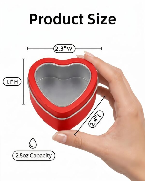 Forever Bene 16 Pack Heart Shaped Tins with Clear Window Lids, 2.5 oz Empty Candle Tins 2.3x2.4x1.1 Inches for Valentine Party Favors, Romantic Gifts - Red