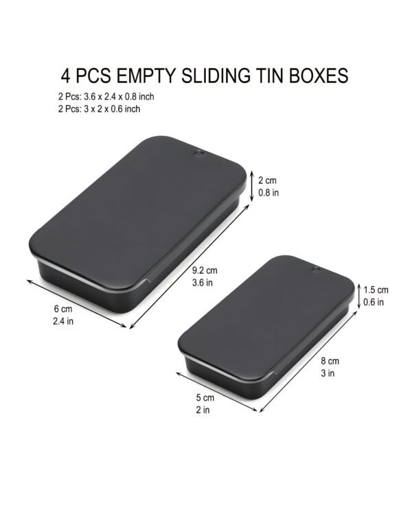 Forever bene 4 Pack Slide Top Metal Tins, Matte Black Rectangular Empty Containers with Lids,Small Portable Storage Box for Beads,Crafts,Hardware,Jewelry - Includes 2 Large (3.6") and 2 Small (3")