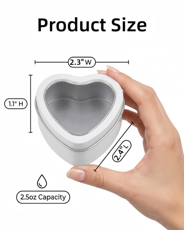 Forever Bene 16 Pack Heart Shaped Tins with Clear Window Lids, 2.5 oz Empty Candle Tins 2.3x2.4x1.1 Inches for Wedding Favors, DIY Custom Gift Box - White