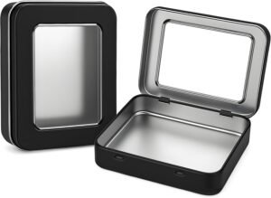 Forever bene Tin Box-12 Pcs Small Metal Storage Containers w/Clear Lid for Beads,Jewelry,Crafts,Mint Candy,Small Items,gift card tins,DIY,+Adhesive Label,Metal Tins with Lids (Black 12 Pcs)