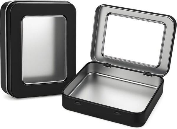 Forever bene Tin Box-12 Pcs Small Metal Storage Containers w/Clear Lid for Beads,Jewelry,Crafts,Mint Candy,Small Items,gift card tins,DIY,+Adhesive Label,Metal Tins with Lids (Black 12 Pcs)