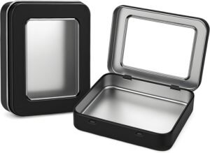Forever bene Tin Box Small Metal Storage Box w/Clear Lid - Portable for Beads, JewelryCrafts, Zyn Tin,Mint Candy,Small Items Travel,Stackable (Black, 2 Pcs 4.5" x 3.5" x 0.9")