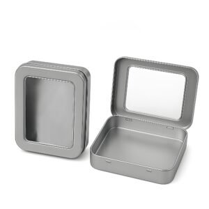 Forever Bene Tin Box Small Metal Storage Box w/Clear Lid - Portable for Beads, JewelryCrafts, Zyn Tin,Mint Candy,Small Items Travel,Stackable (Silvery, 2 Pcs 4.5" x 3.5" x 0.9")