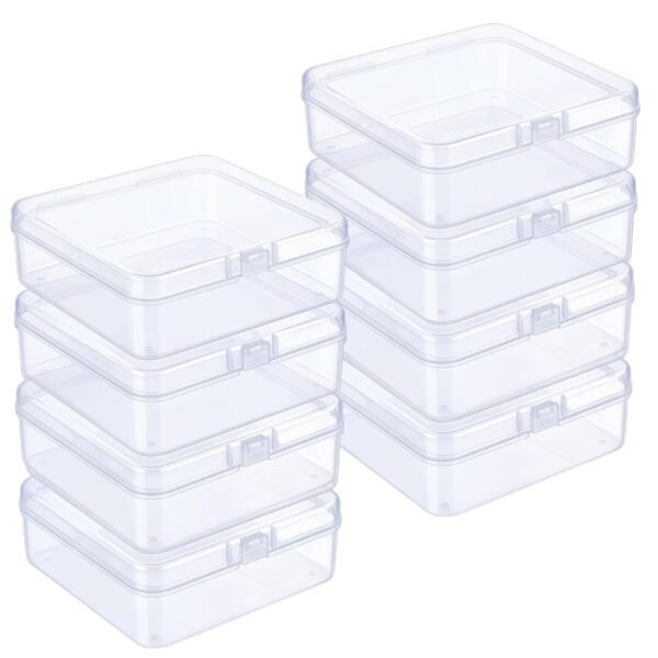 Forever Bene 8-Pack Clear Plastic Storage Box, 4.9" x 4.9" x 1.4" Square Organizer Box with Hinged Lid & Latch, Small Storage Box Set for Crafts, Beads, Desk Pets, Drawer Organization