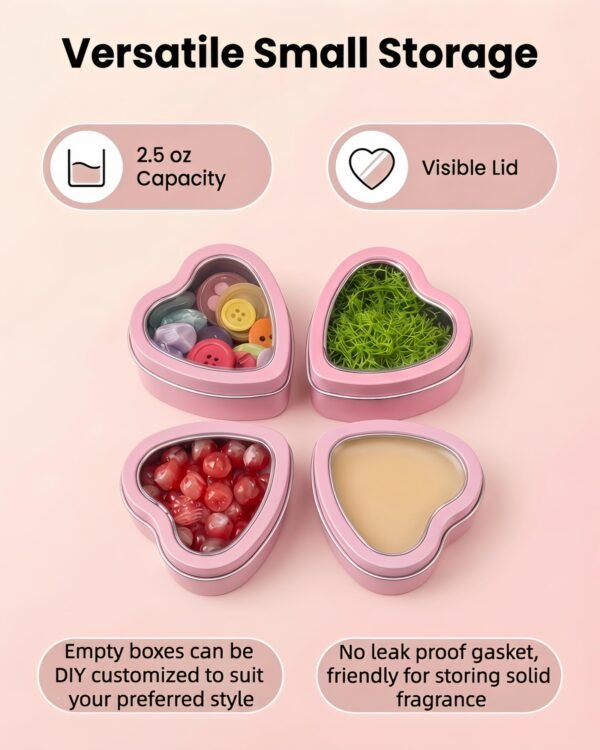 Forever Bene 16 Pack Heart Shaped Tins with Clear Window Lids, 2.5 oz Empty Candle Tins 2.3x2.4x1.1 Inches, Salve Tins with Lids for Lip Balm - Pink