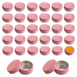 Forever Bene Pink Aluminum Tins with Screw Lids, 0.5 oz Small Metal Containers, 32 Pack Refillable Mini Tins for Cosmetics, Personal Care, Organization, DIY Storage,With Label Stickers Alu Box