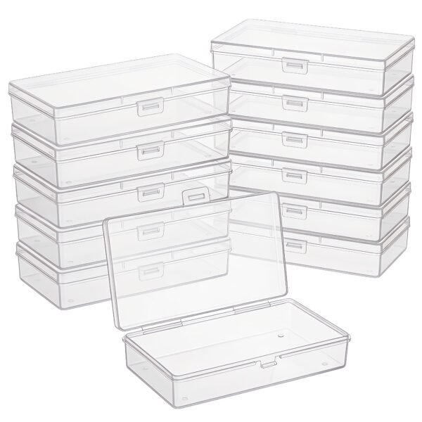 Forever Bene 12-Pack Clear Plastic Storage Box, 5.7" x 3.0" x 1.2" Small Organizer Box with Hinged Lid & Latch, Plastic Playing Card Case, Bobby Pin Case, Craft Bead Organizer for Office Drawers