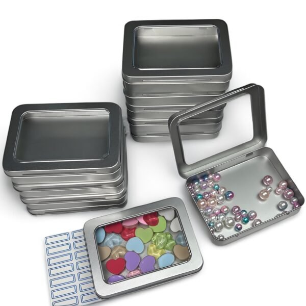 Version 1.0.0 Forever Bene Tin Box Small Metal Storage Box w/Clear Lid - Portable for Beads, JewelryCrafts, Zyn Tin,Mint Candy,Small Items Travel,Stackable (Silvery, 2 Pcs 4.5" x 3.5" x 0.9")