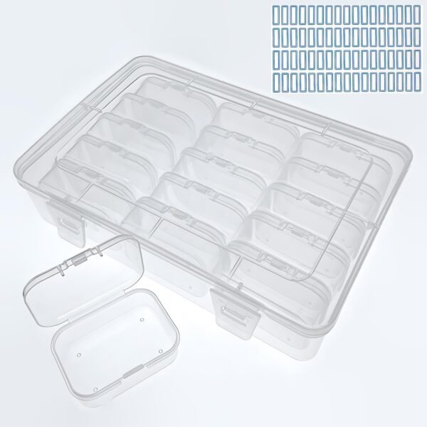Version 1.0.0 Forever bene Small Bead Organizers Mini Clear Bead Storage-16 Pack Clear Plastic Boxes For beads organization,DIY project,nail art tools,diamond, small items,with Sheets Label Stickers