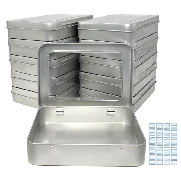 Version 1.0.0 Forever Bene Tin Box Small Metal Storage Box w/Clear Lid - Portable for Beads, JewelryCrafts, Zyn Tin,Mint Candy,Small Items Travel,Stackable,DIY,Versatile,With Adhesive Label (Silvery 12 Pcs)