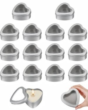 Forever Bene 16 Pack Heart Shaped Tins with Clear Window Lids, 2.5 oz Empty Candle Tins 2.3x2.4x1.1 Inches, Small Metal Containers for Crafts - Silver