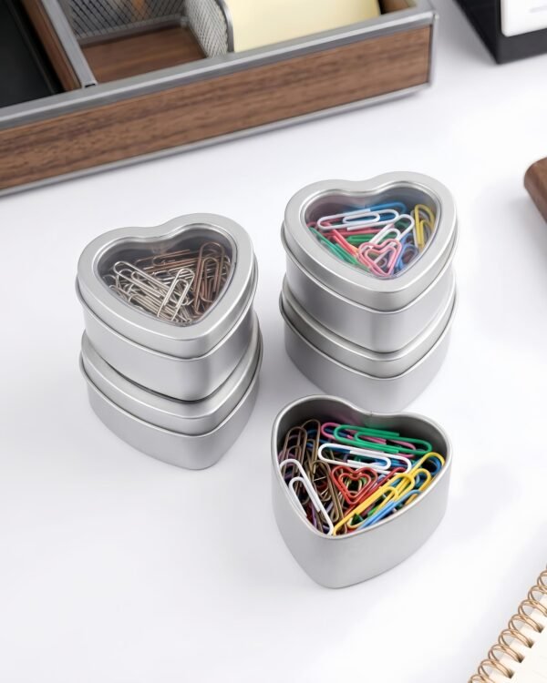 Forever Bene 16 Pack Heart Shaped Tins with Clear Window Lids, 2.5 oz Empty Candle Tins 2.3x2.4x1.1 Inches, Small Metal Containers for Crafts - Silver