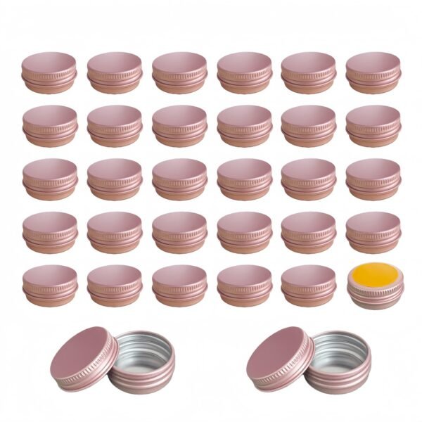 Version 1.0.0 Forever Bene Rose Gold Aluminum Tins with Screw Lids, 32 Pack 0.5 oz Small Metal Containers, Refillable Mini Tins for Hair Wax, Pomade Storage, Lip Balm, Salve, DIY Organization With Label Stickers