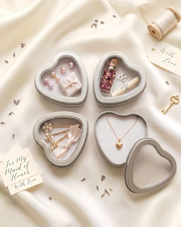 Forever Bene 16 Pack Heart Shaped Tins with Clear Window Lids, 2.5 oz Empty Candle Tins 2.3x2.4x1.1 Inches, Small Metal Containers for Crafts - Silver