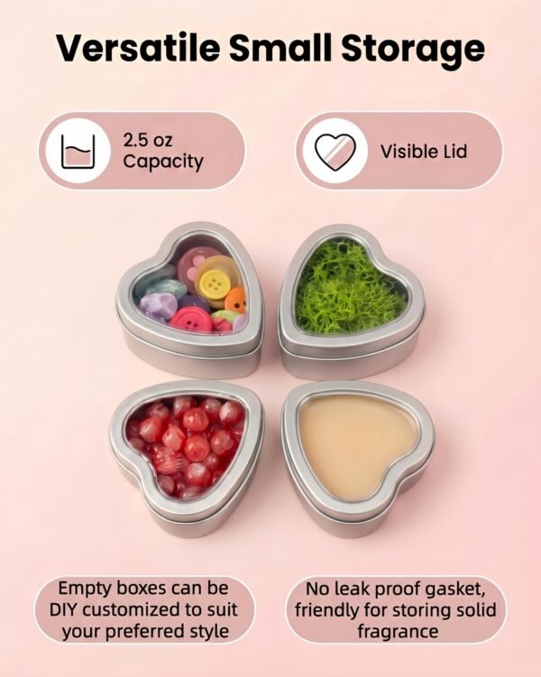 Forever Bene 16 Pack Heart Shaped Tins with Clear Window Lids, 2.5 oz Empty Candle Tins 2.3x2.4x1.1 Inches, Small Metal Containers for Crafts - Silver