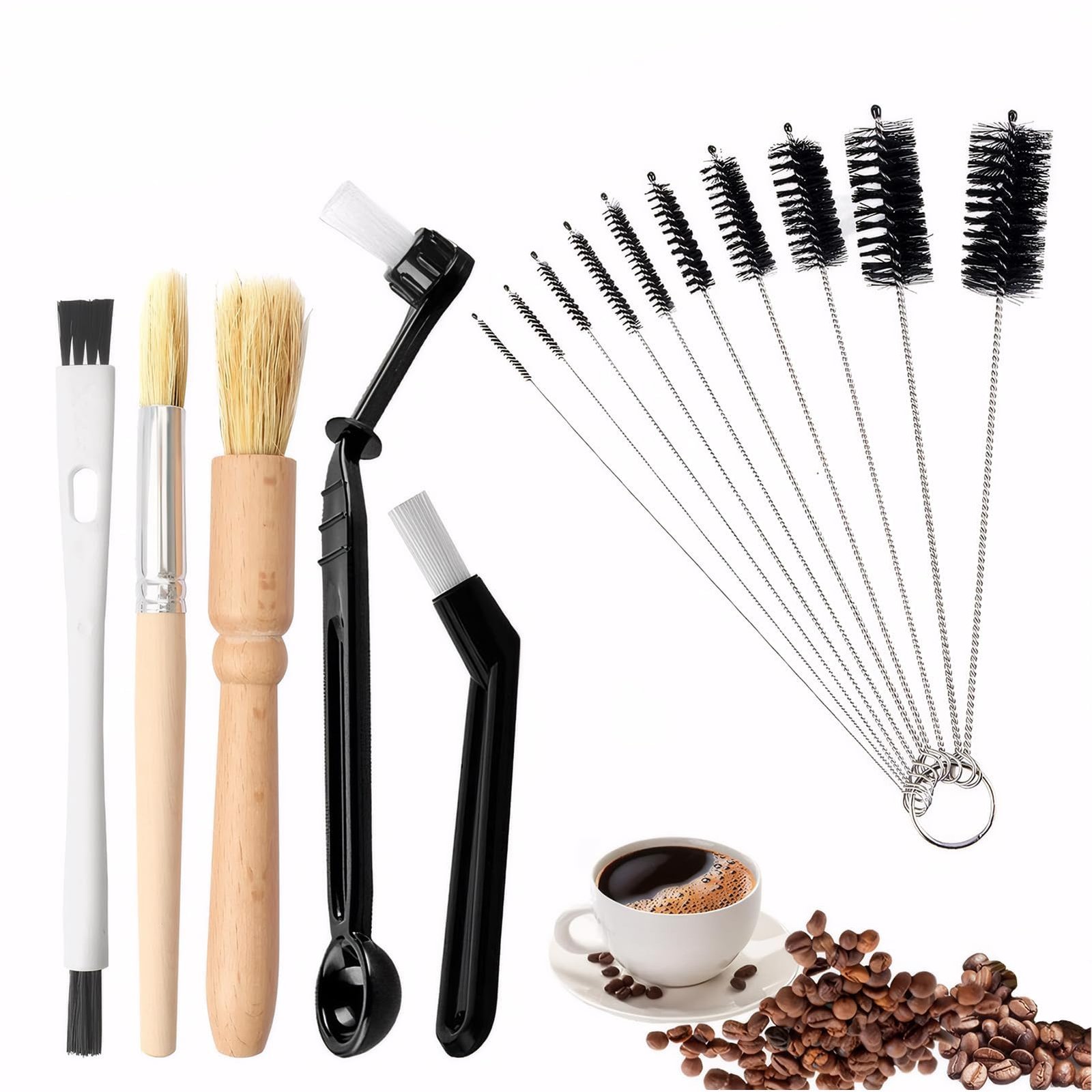 Espresso machine cleaning brush kit for coffee gear, straws, bottles, and cups