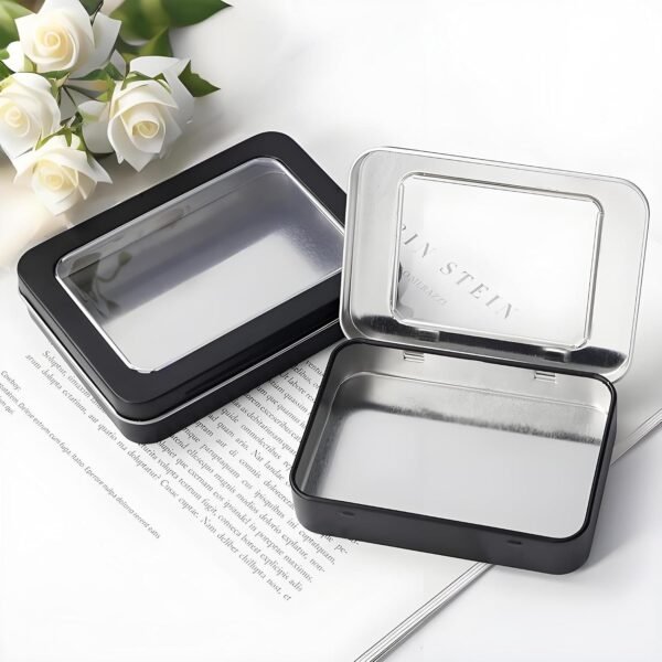 Forever bene Tin Box Small Metal Storage Box w/Clear Lid - Portable for Beads, JewelryCrafts, Zyn Tin,Mint Candy,Small Items Travel,Stackable (Black, 2 Pcs 4.5" x 3.5" x 0.9")