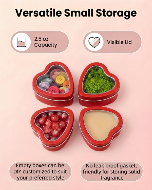 Forever Bene 16 Pack Heart Shaped Tins with Clear Window Lids, 2.5 oz Empty Candle Tins 2.3x2.4x1.1 Inches for Valentine Party Favors, Romantic Gifts - Red
