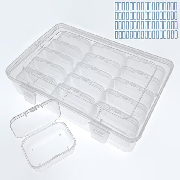 Version 1.0.0 Forever bene Small Bead Organizers Mini Clear Bead Storage-16 Pack Clear Plastic Boxes For beads organization,DIY project,nail art tools,diamond, small items,with Sheets Label Stickers