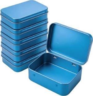 Forever bene 6 Pack Blue Metal Tins with Hinged Lids, 3.7x2.4x0.9 Inches Small Tin Box Containers with Bonus Labels, Metal Card Storage Box for Playing Cards, Bar Soap Travel Container, Solid Cologne