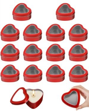 Forever Bene 16 Pack Heart Shaped Tins with Clear Window Lids, 2.5 oz Empty Candle Tins 2.3x2.4x1.1 Inches for Valentine Party Favors, Romantic Gifts - Red
