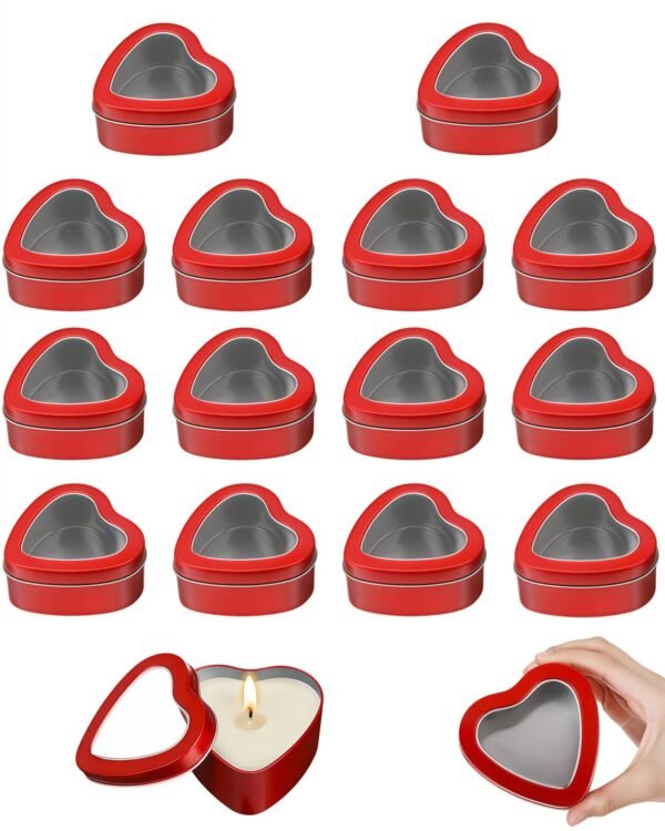 Forever Bene 16 Pack Heart Shaped Tins with Clear Window Lids, 2.5 oz Empty Candle Tins 2.3x2.4x1.1 Inches for Valentine Party Favors, Romantic Gifts - Red
