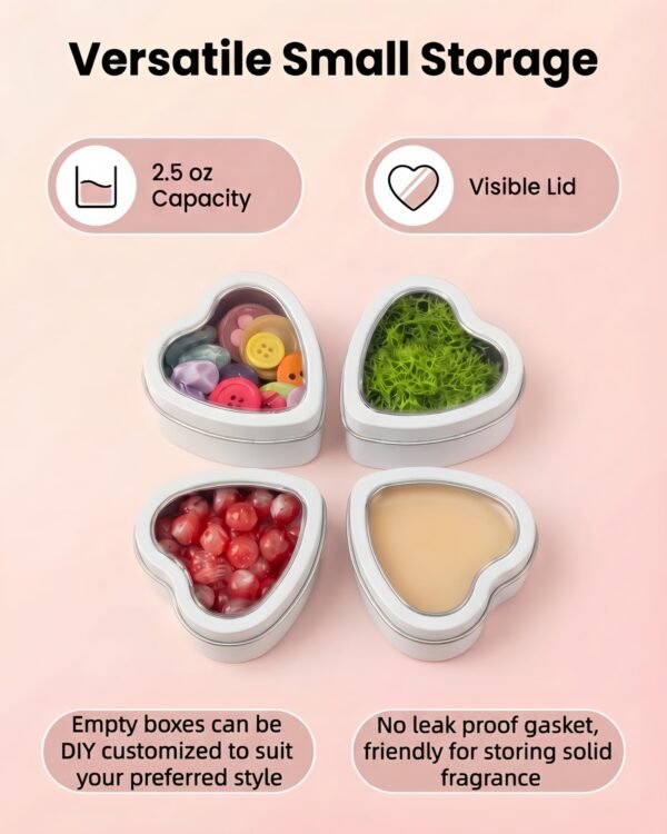 Forever Bene 16 Pack Heart Shaped Tins with Clear Window Lids, 2.5 oz Empty Candle Tins 2.3x2.4x1.1 Inches for Wedding Favors, DIY Custom Gift Box - White