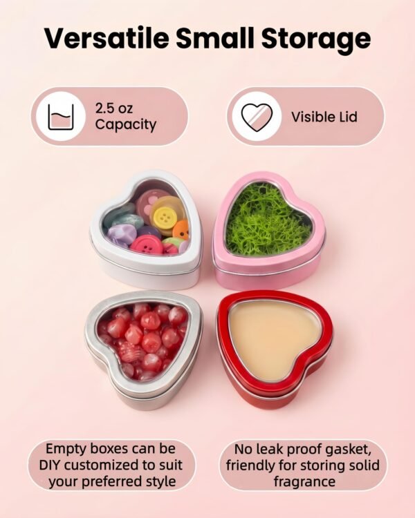 Version 1.0.0 Forever Bene 4 Pack Heart Shaped Tins with Clear Window Lids, 2.5 oz Empty Candle Tins 2.3x2.4x1.1 Inches, Mixed Color Variety Pack for Color Demander DIY Crafts,Empty Tin Box Multicolour