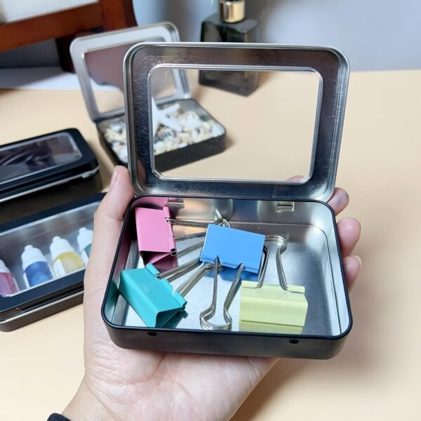Forever bene Tin Box Small Metal Storage Box w/Clear Lid - Portable for Beads, JewelryCrafts, Zyn Tin,Mint Candy,Small Items Travel,Stackable (Black, 2 Pcs 4.5" x 3.5" x 0.9")