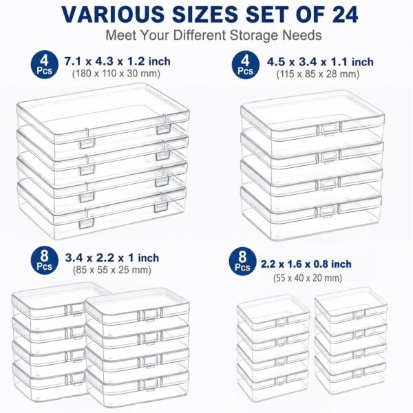 Forever bene Plastic Case Bead Organizer Box 24 Pack Mixed Size Small Clear Storage Containers Craft Storage Box with Hinged Lid and Labels Mini Boxes for Jewelry Diamonds Small Items Craft Projects