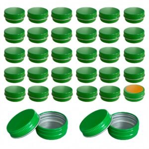 Forever Bene Green Aluminum Tins with Screw Lids, 0.5 oz Small Metal Containers, 32 Pack Refillable Mini Tins for Portioning, Organization, Cosmetics, DIY Storage ,With Label Stickers Alu Box