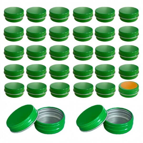 Version 1.0.0 Forever Bene Green Aluminum Tins with Screw Lids, 0.5 oz Small Metal Containers, 32 Pack Refillable Mini Tins for Portioning, Organization, Cosmetics, DIY Storage ,With Label Stickers Alu Box