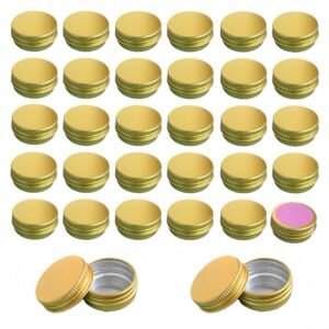 Forever Bene Gold Aluminum Tins with Screw Lids, 0.5 oz Small Metal Jars, 32 Pack Refillable Mini Containers for Travel, Samples, Cosmetics, DIY Storage,With Label Stickers Alu Box