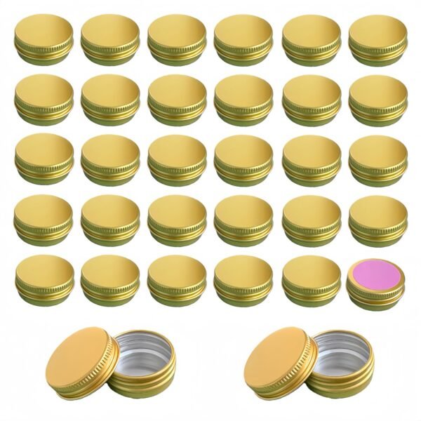 Version 1.0.0 Forever Bene Gold Aluminum Tins with Screw Lids, 0.5 oz Small Metal Jars, 32 Pack Refillable Mini Containers for Travel, Samples, Cosmetics, DIY Storage,With Label Stickers Alu Box
