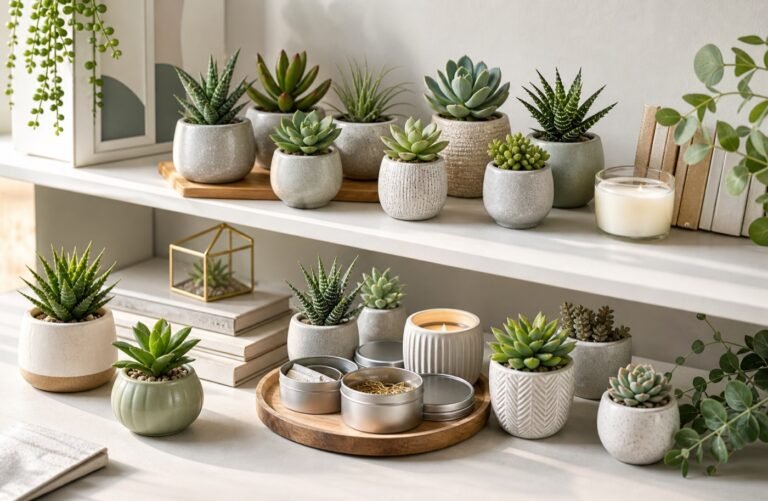 Artificial succulents styled on a modern home shelf with ceramic pots, books, candles, and neutral decor