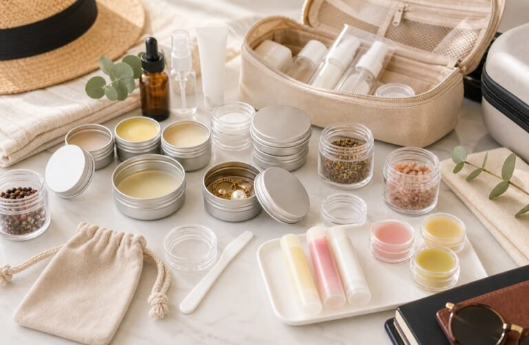 Small cosmetic and travel containers with metal tins, clear lids, balm samples, jewelry, labels, and travel pouch