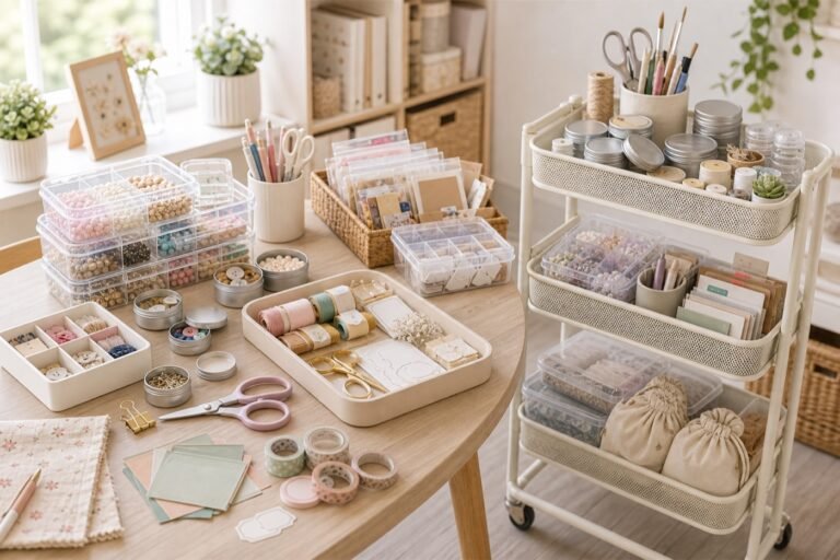 Craft storage organizers with boxes, tins, trays, thread, beads, buttons, scissors, washi tape, and project bags