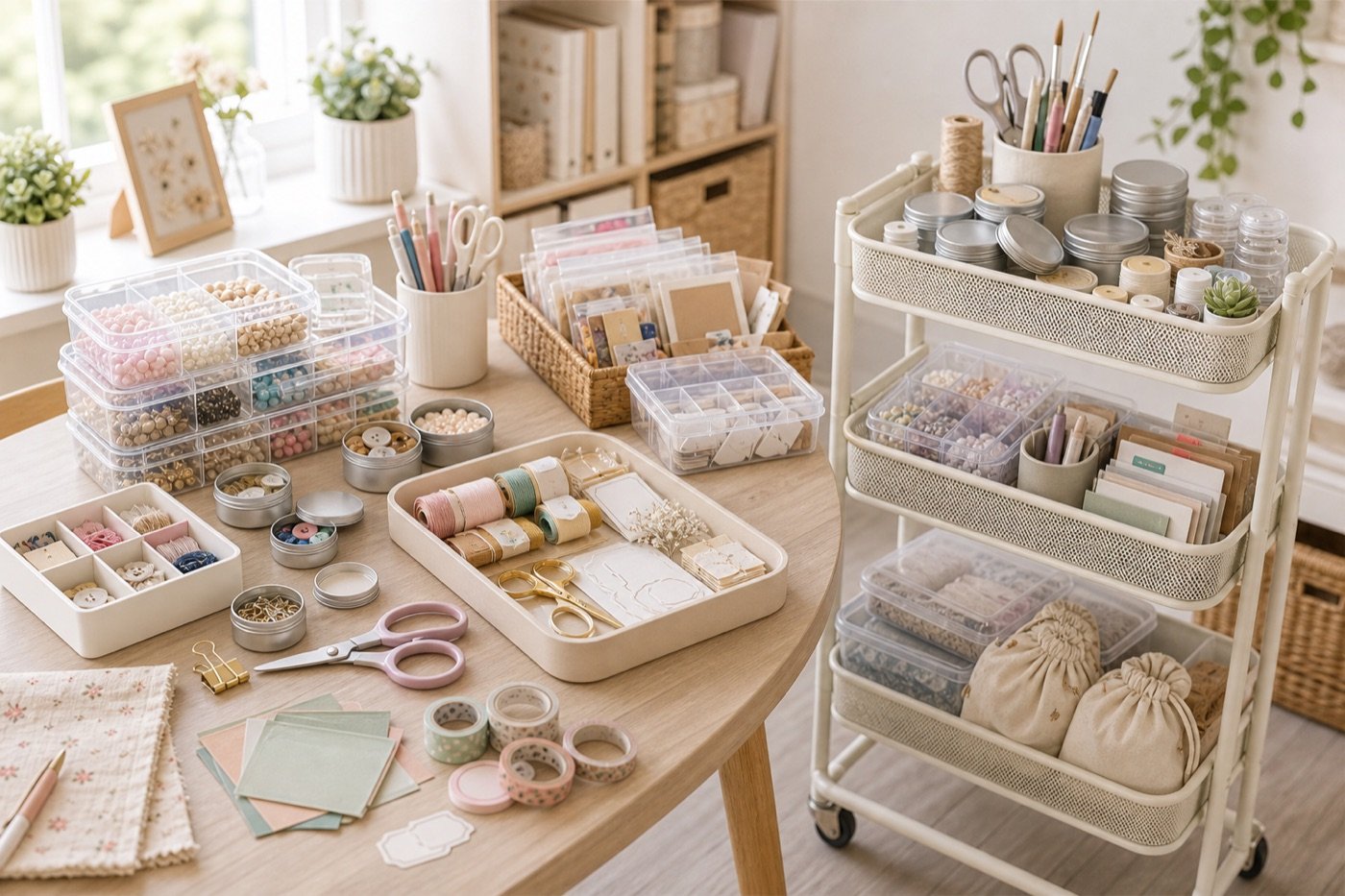 Craft storage organizers with boxes, tins, trays, thread, beads, buttons, scissors, washi tape, and project bags