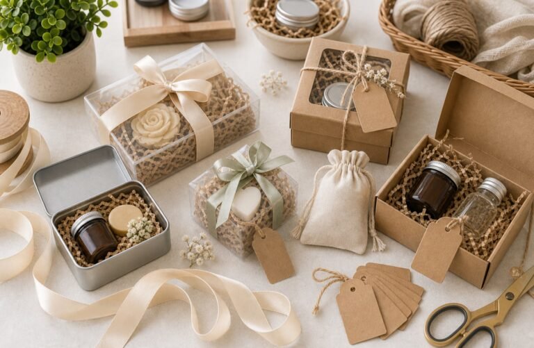 Gift packaging setup with small metal tins, clear boxes, kraft boxes, ribbons, blank tags, paper filler, and sample jars