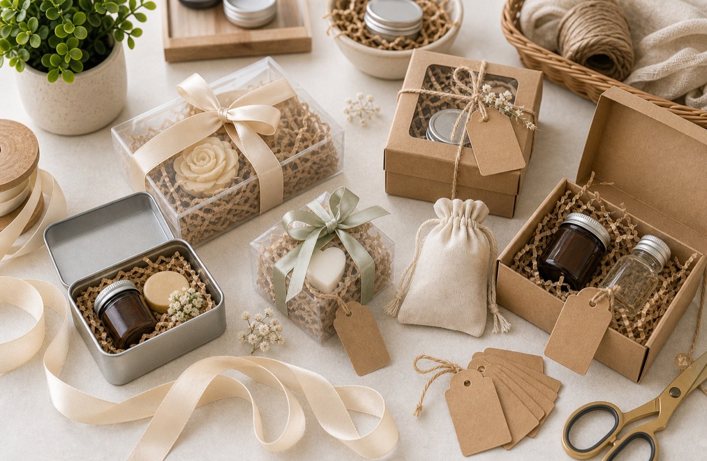 Gift packaging setup with small metal tins, clear boxes, kraft boxes, ribbons, blank tags, paper filler, and sample jars