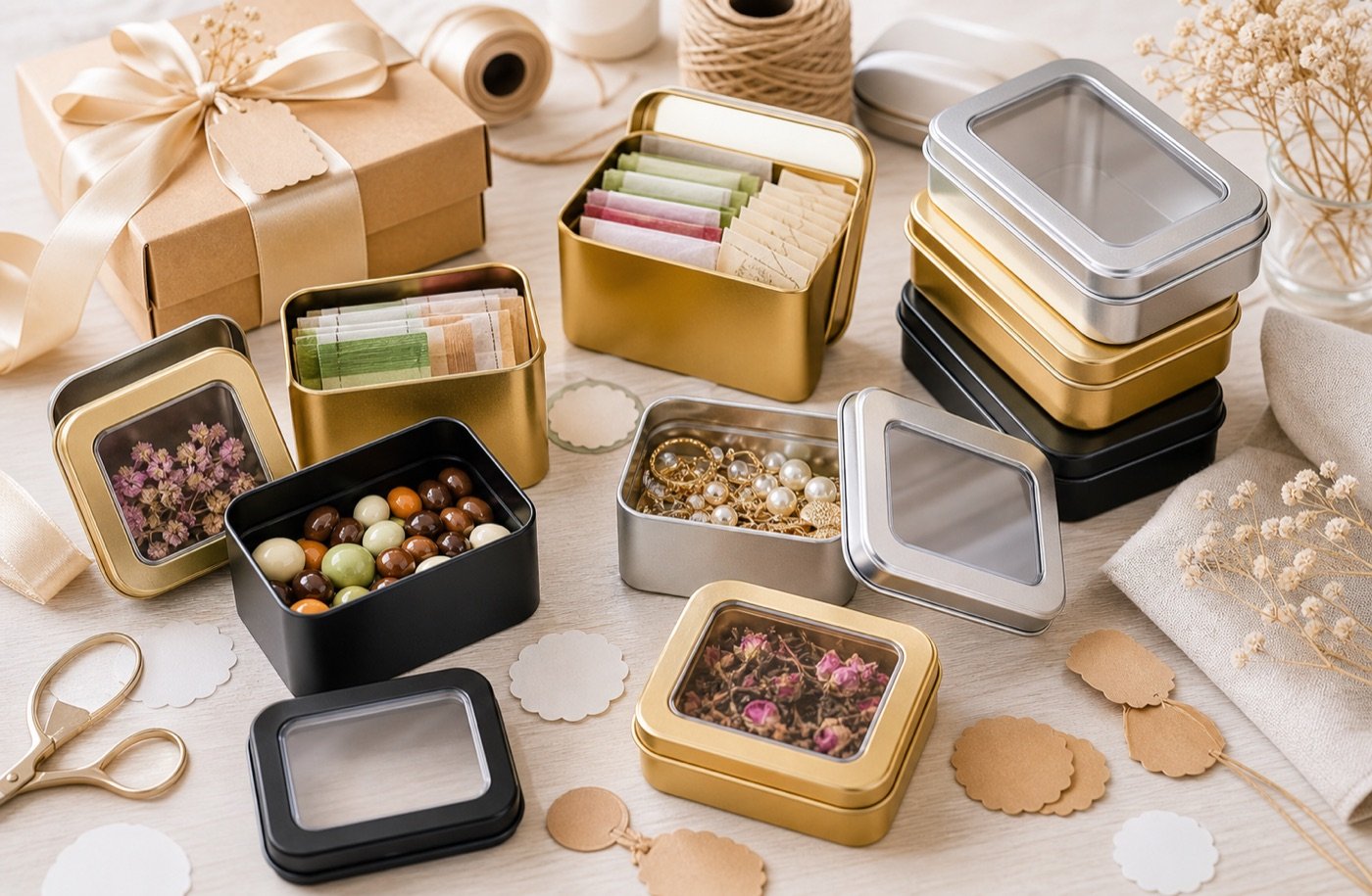 Forever Bene metal tin boxes with tea sachets, candy, jewelry findings, ribbon, blank labels, and craft supplies