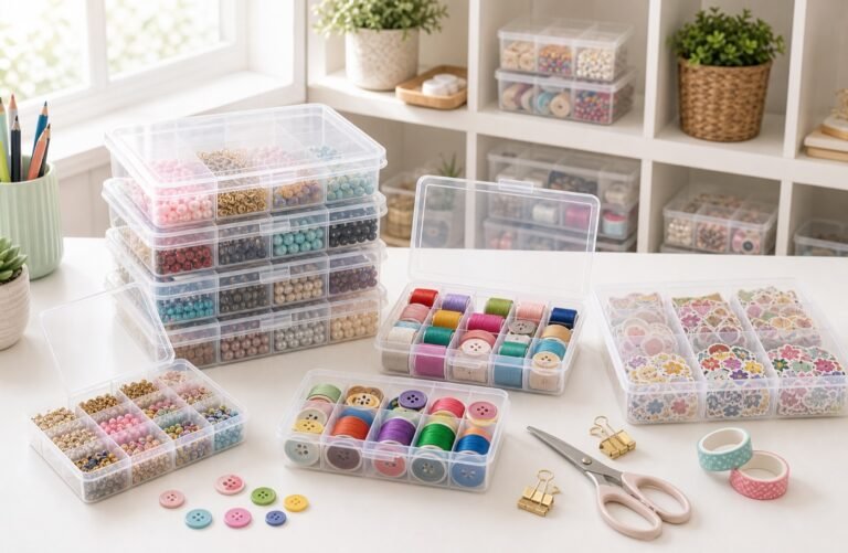 Transparent plastic storage boxes with beads, charms, buttons, stickers, thread, clips, and small hardware