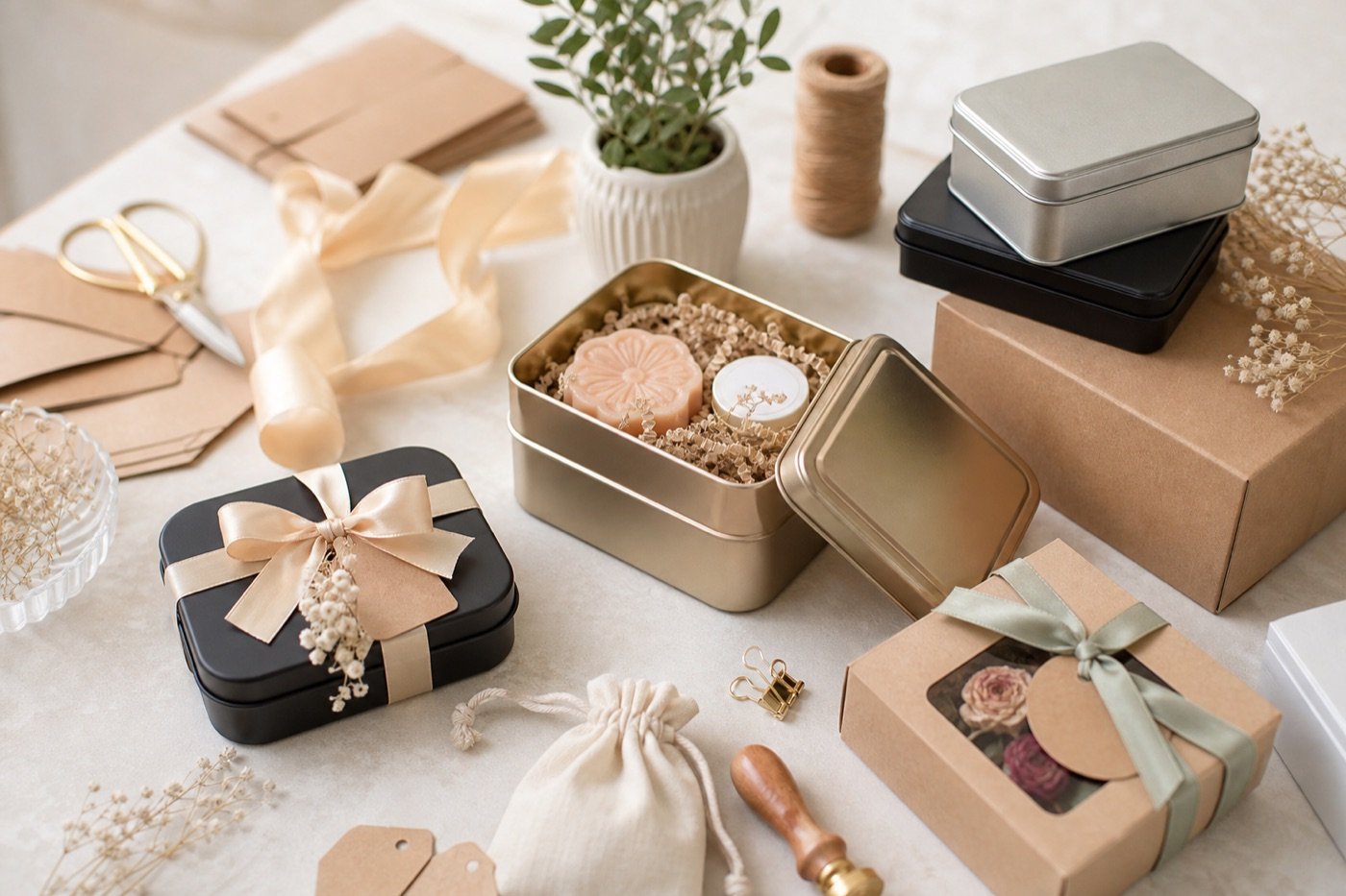 Small gift packaging ideas with metal tins, kraft boxes, ribbons, labels, and handmade favor presentation