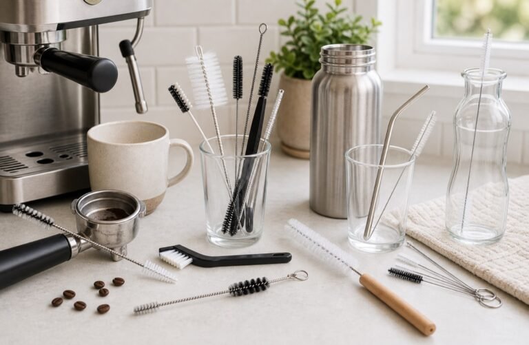 Coffee machine cleaning brushes, straw brushes, bottle brushes, mugs, stainless bottle, and narrow cleaning tools on a kitchen counter